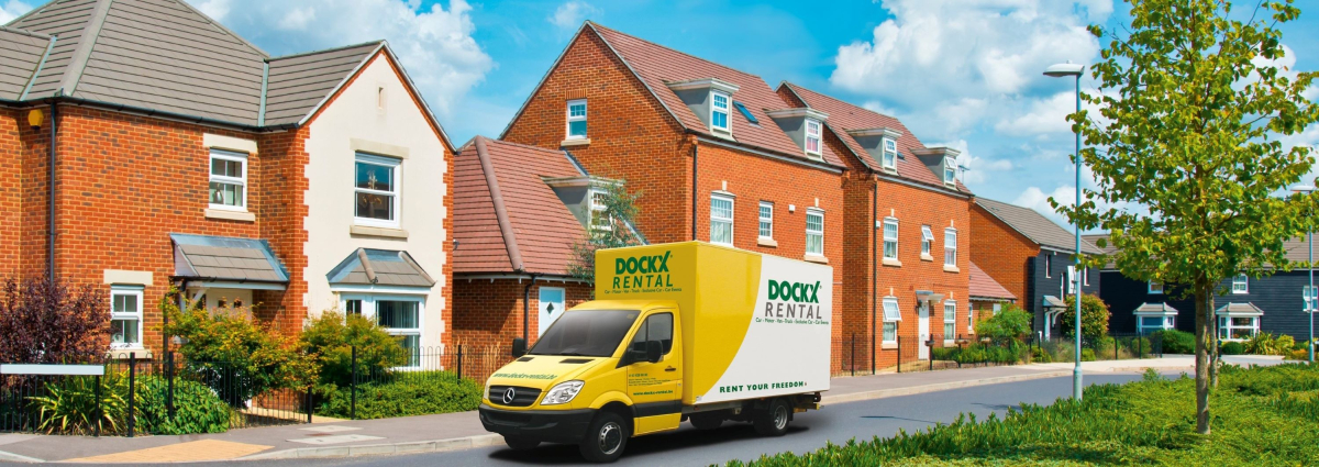 Relocation with Dockx Rental moving van in residential area